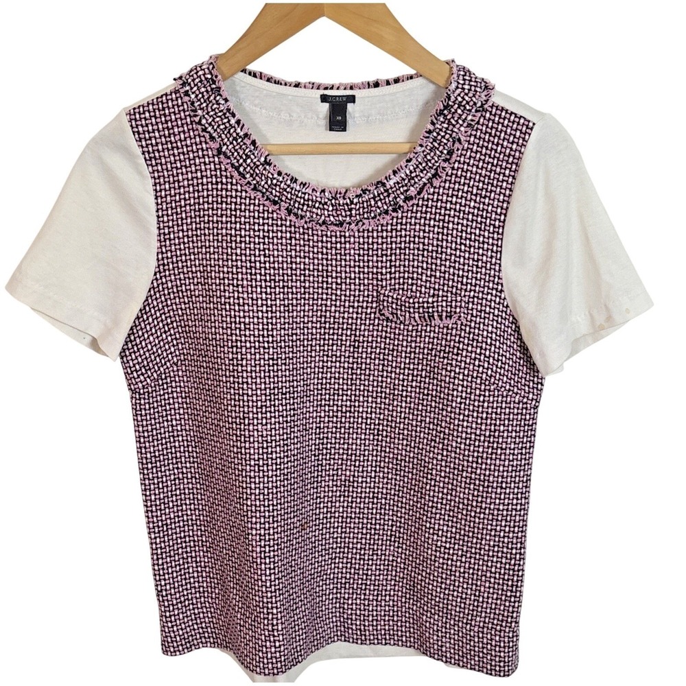 J Crew Tweed Front Tee Shirt Womens XS Cotton Silk Short Sleeve Ivory Pink Black